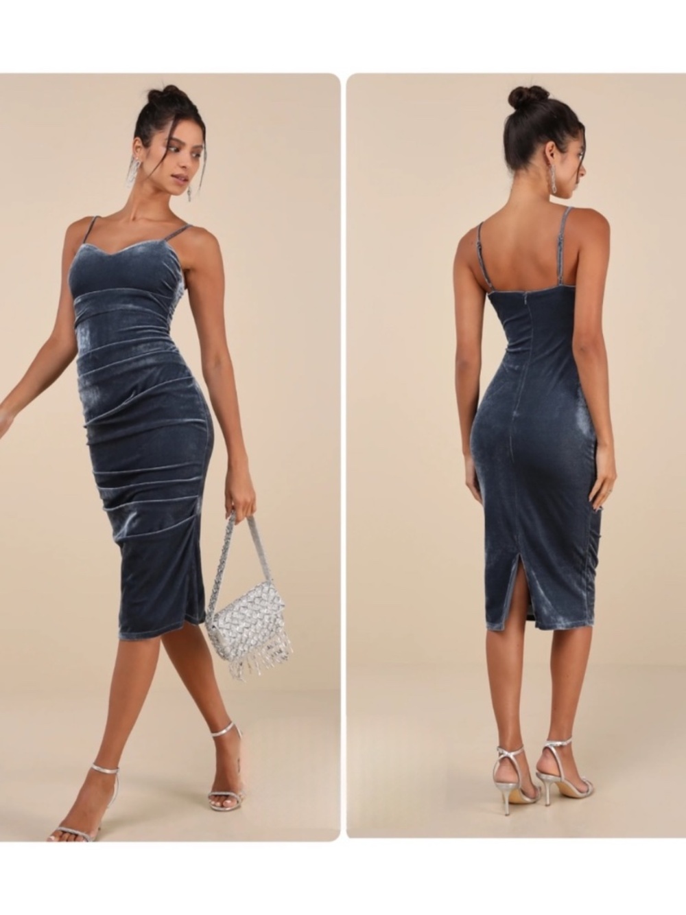 Lulus Plush Personality Slate Blue Velvet Ruched Midi Dress